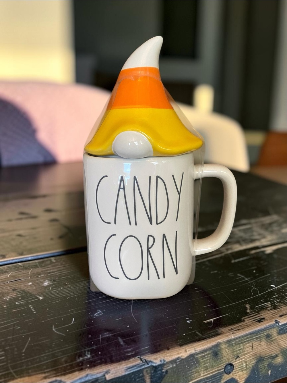 Rae Dunn Candy Corn fall Halloween Ceramic Mug with Candy Corn gnome topper Lid